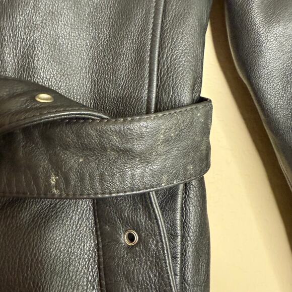 Tannery West Leather Jacket Women’s Small Black Belted Faux Fur Collar Zip Moto - Picture 7 of 12